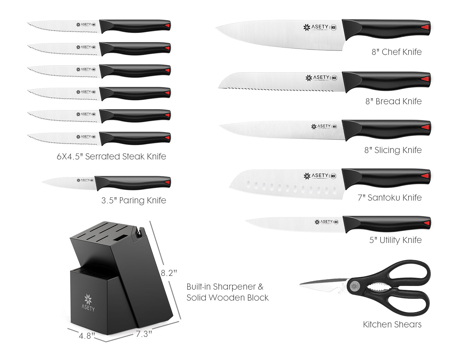 Knife Set, 15 Piece Kitchen Knife Set with Built-in Sharpener Block